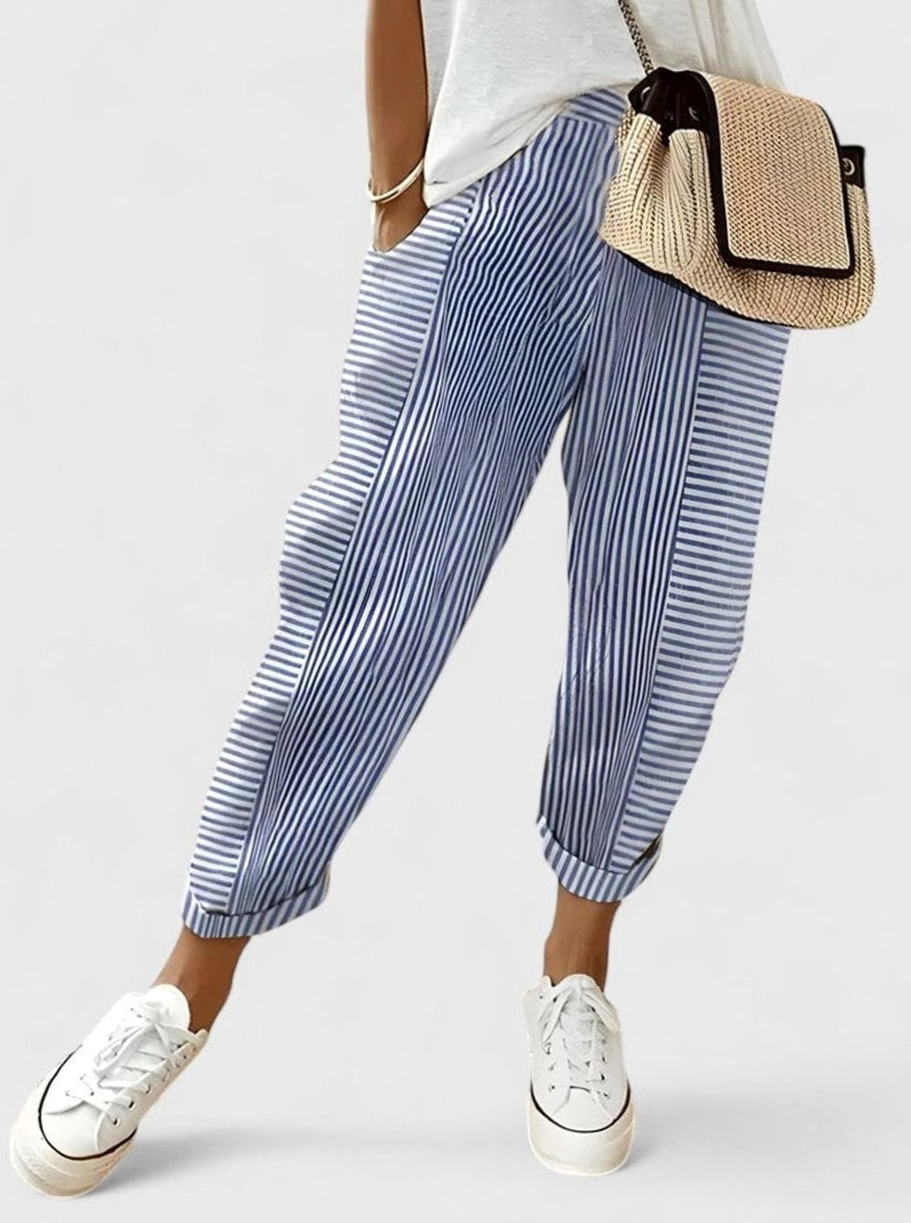 Women's Striped Comfort Trousers Elasticated Waist Side Pockets - Blue