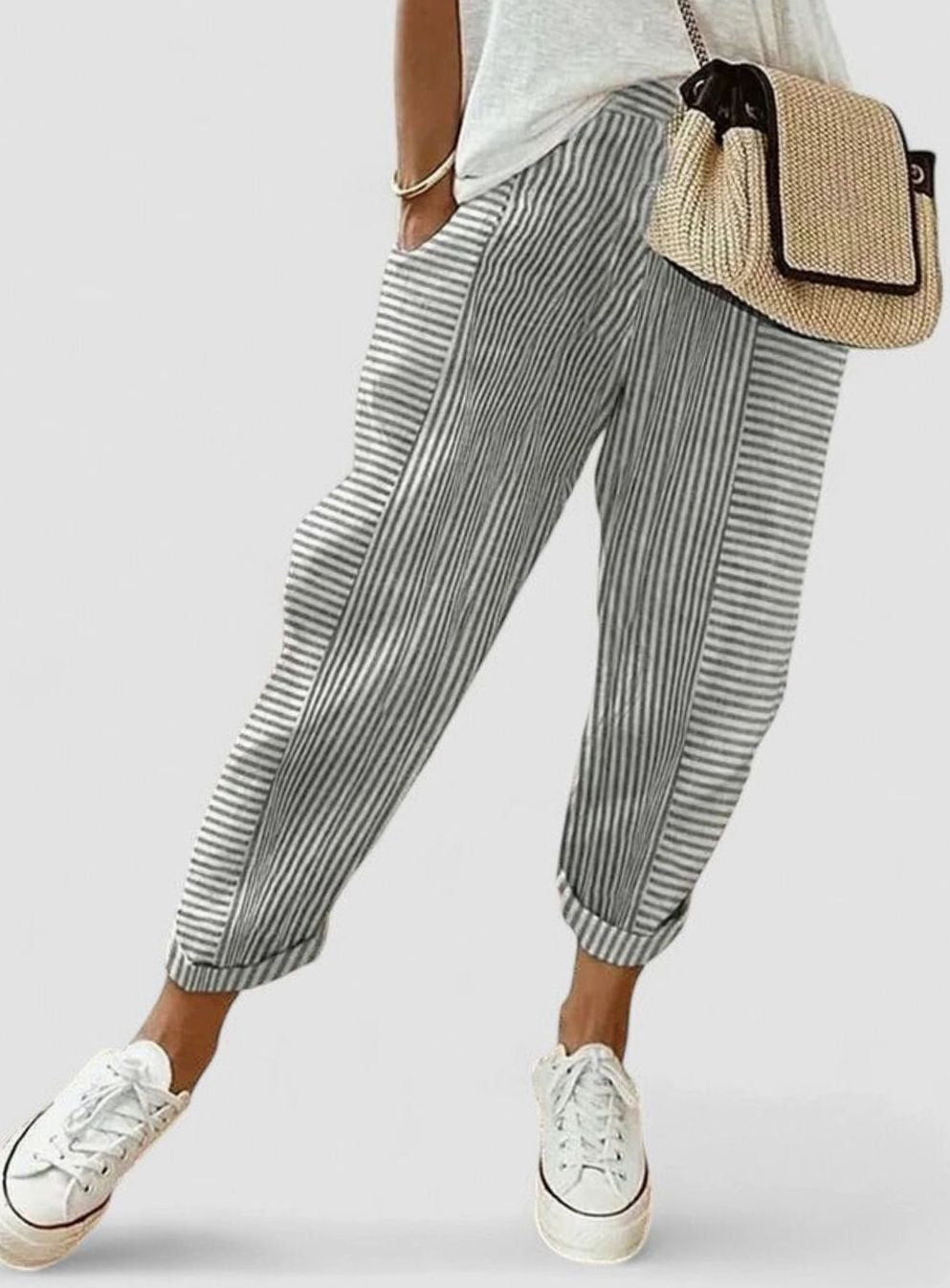 Women's Striped Comfort Trousers Elasticated Waist Side Pockets - Light Grey