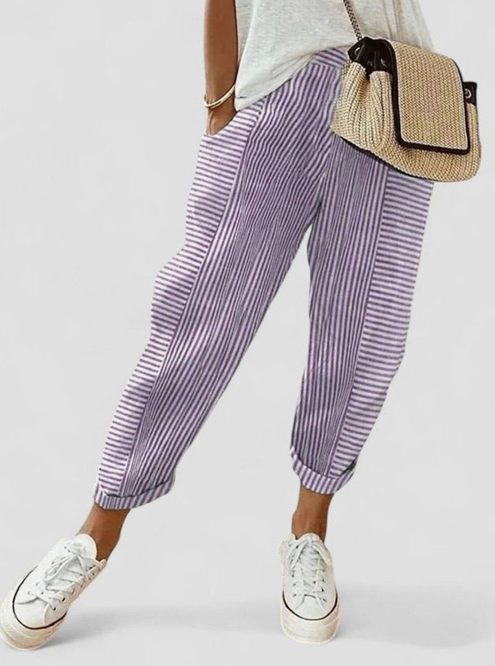 Women's Striped Comfort Trousers Elasticated Waist Side Pockets - Purple