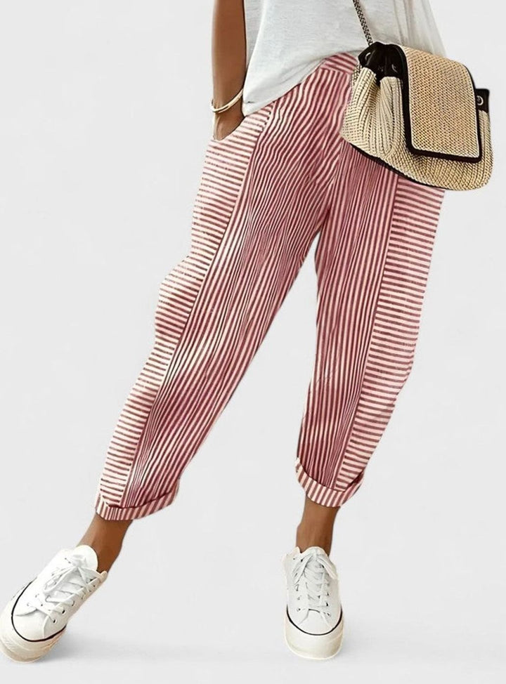 Women's Striped Comfort Trousers Elasticated Waist Side Pockets - Light Red