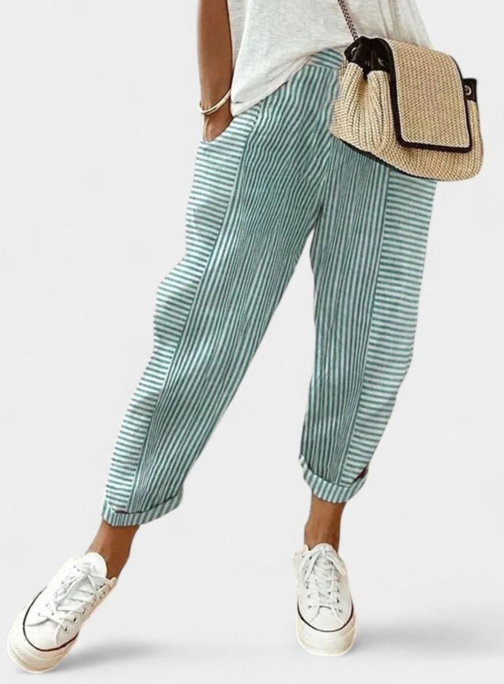 Women's Striped Comfort Trousers Elasticated Waist Side Pockets - Green