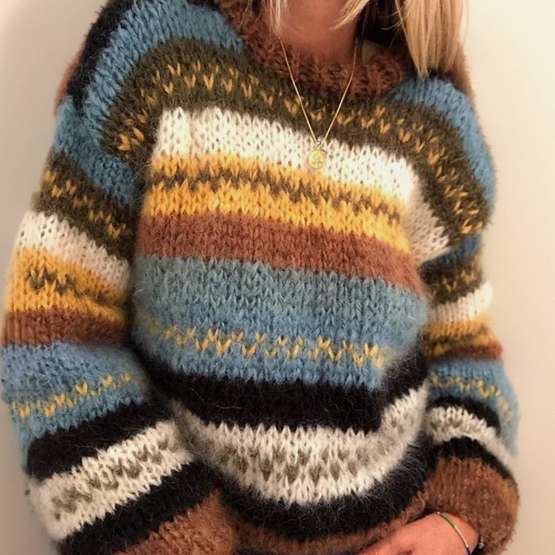 Women's Striped Jacquard Knitted Jumper Long Sleeve Cosy Pullover - Brown
