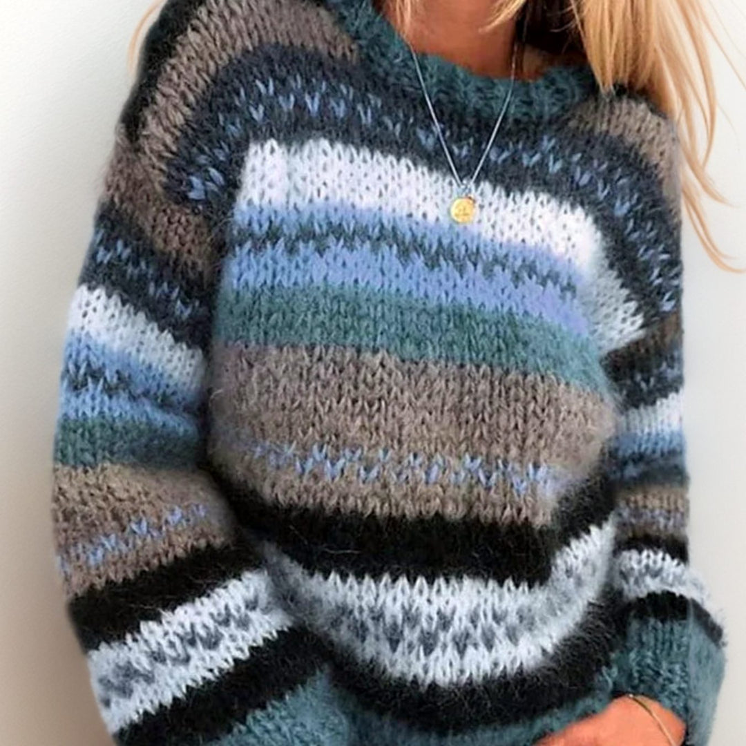 Women's Striped Jacquard Knitted Jumper Long Sleeve Crew Neck - Blue