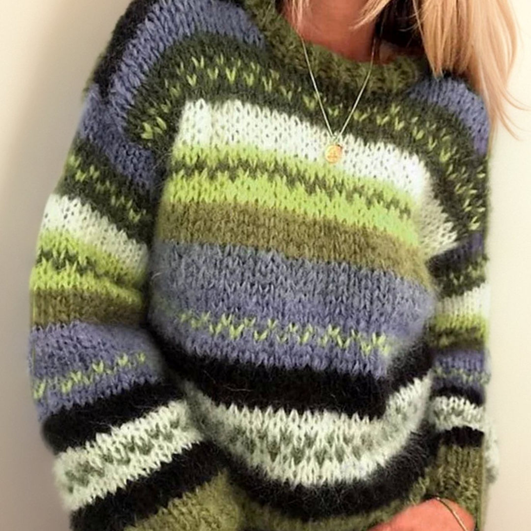 Women's Striped Jacquard Knitted Jumper Long Sleeve Crew Neck - Green
