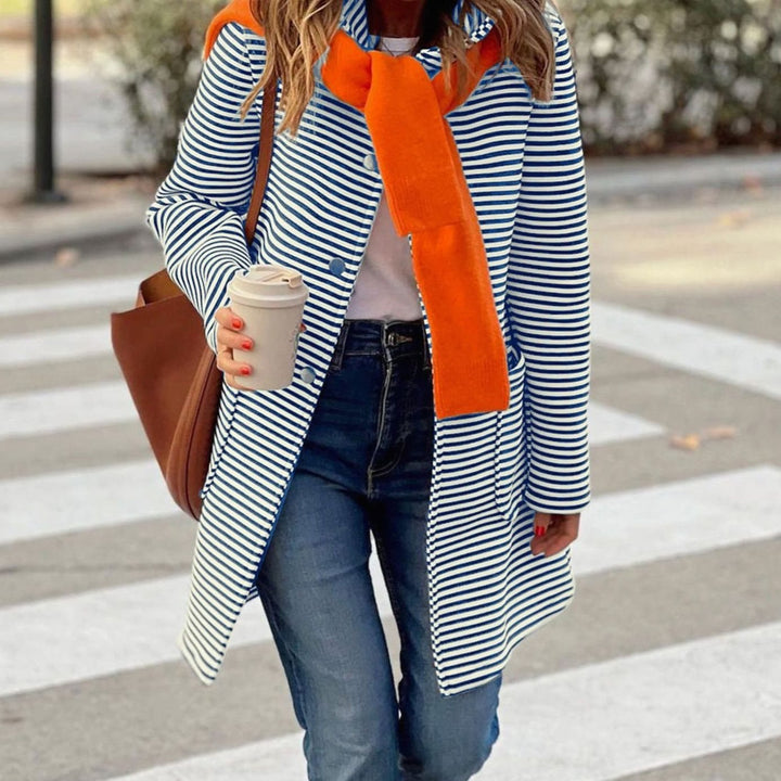 Women's Striped Long-Line Button-Up Trench Coat - Blue