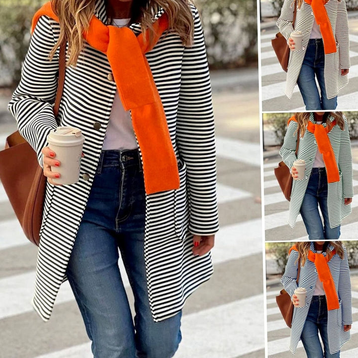 Women's Striped Long-Line Button-Up Trench Coat