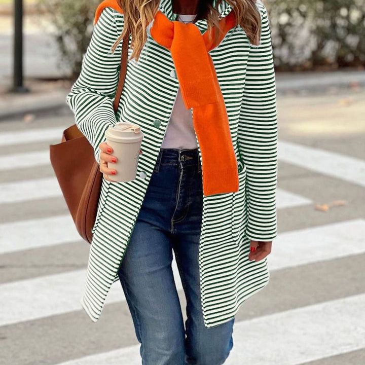 Women's Striped Long-Line Button-Up Trench Coat