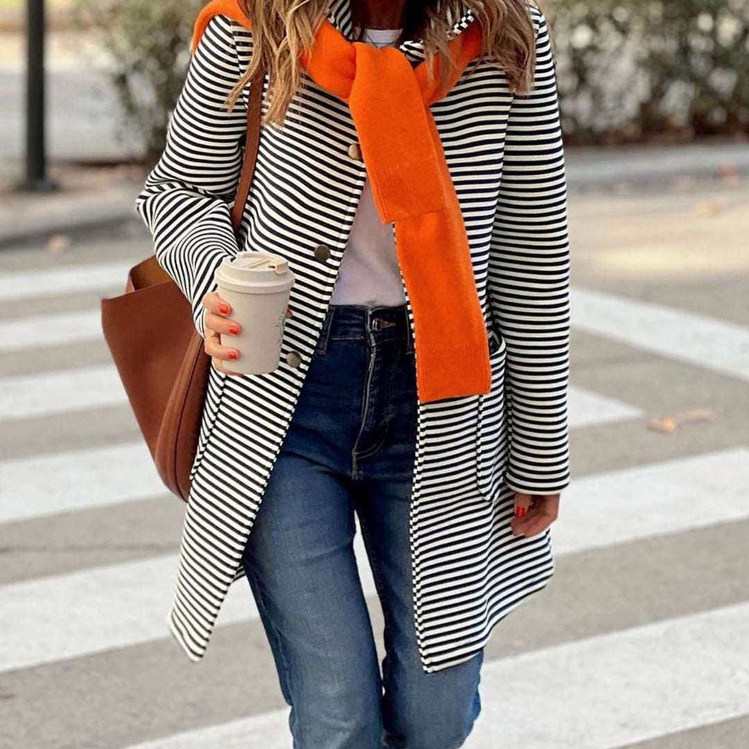 Women's Striped Long-Line Button-Up Trench Coat