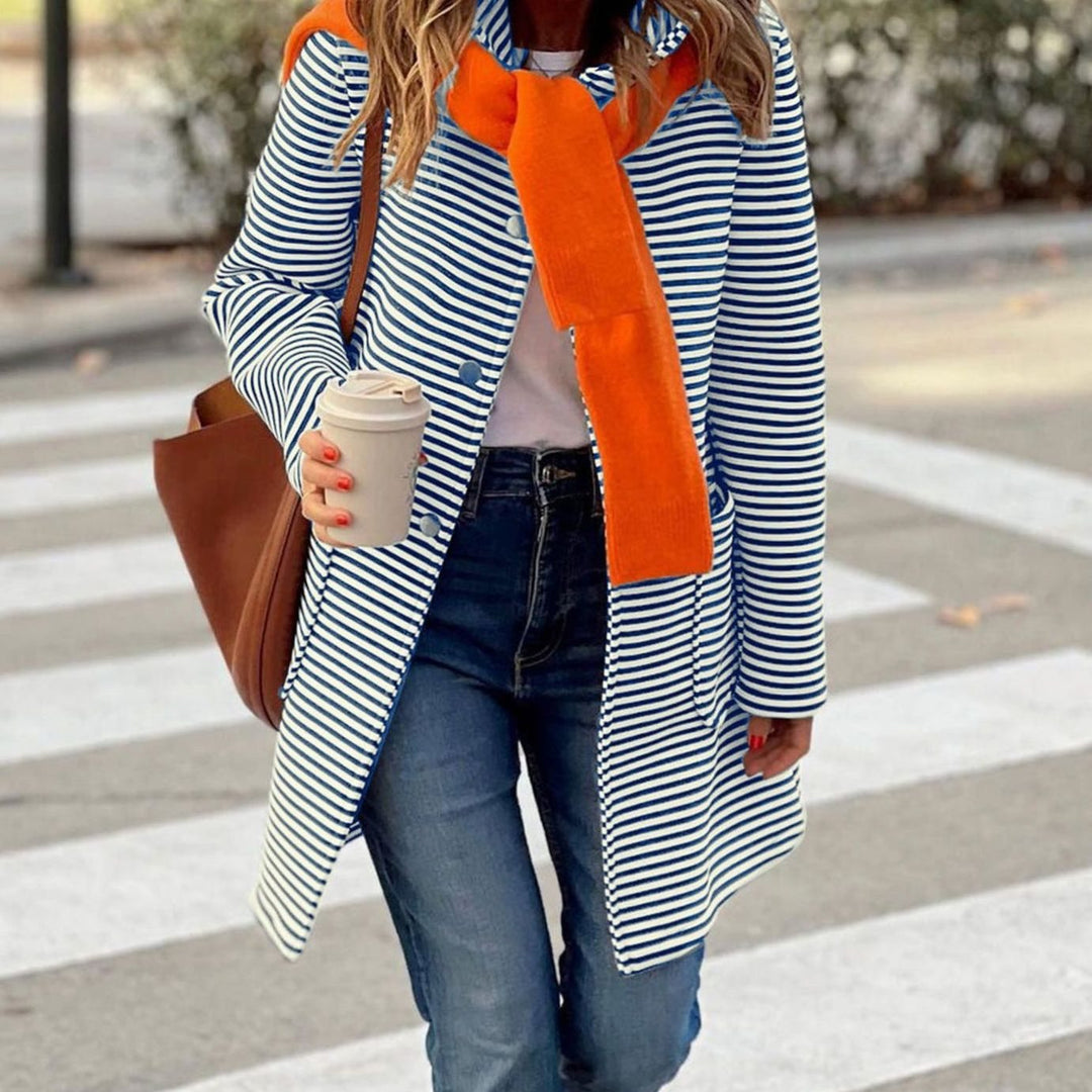 Women's Striped Long-Line Button-Up Trench Coat