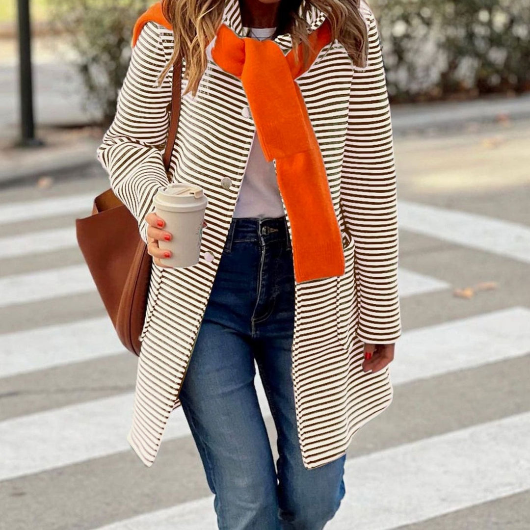 Women's Striped Long-Line Button-Up Trench Coat - Brown
