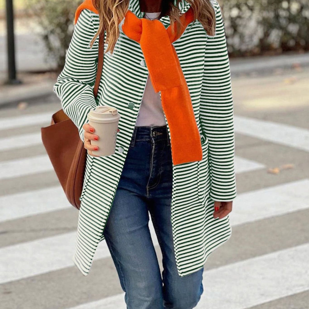 Women's Striped Long-Line Button-Up Trench Coat - Green