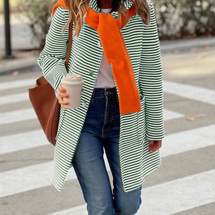 Women's Striped Long-Line Button-Up Trench Coat - Green