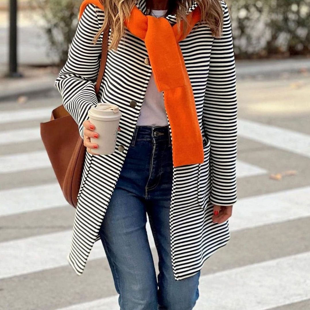 Women's Striped Long-Line Button-Up Trench Coat - Black