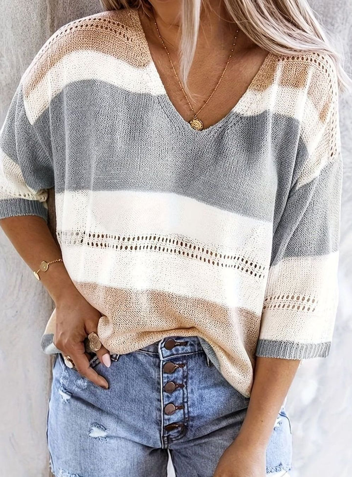 Women's Striped V-Neck Lightweight Knitted Jumper - Grey
