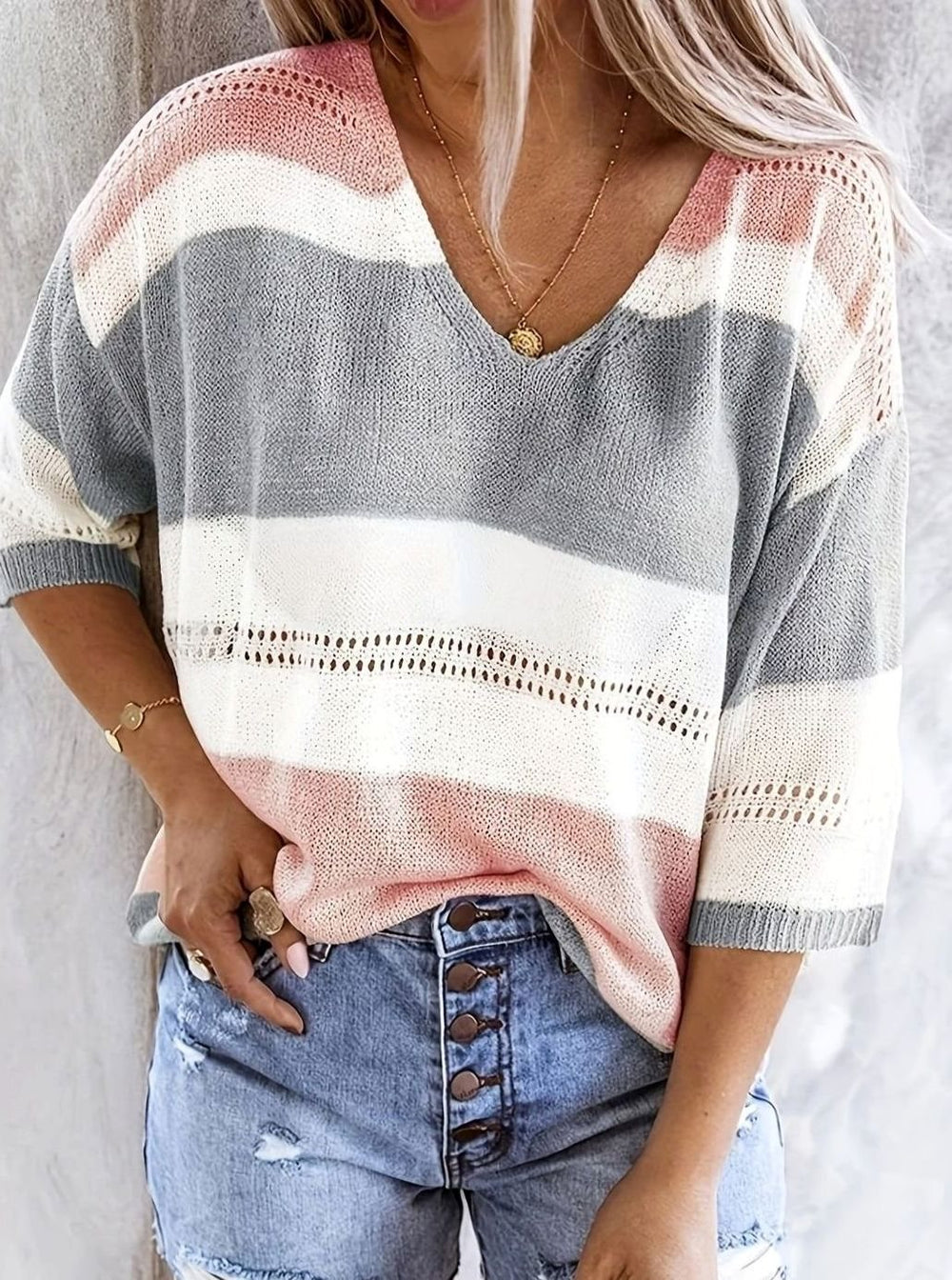 Women's Striped V-Neck Lightweight Knitted Jumper - Pink