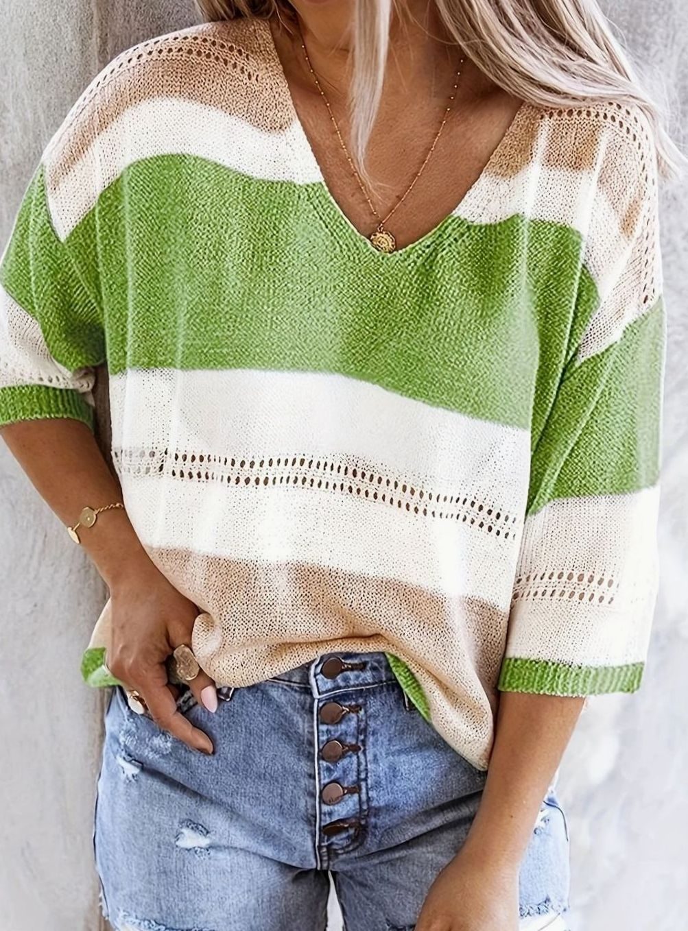 Women's Striped V-Neck Lightweight Knitted Jumper - Green