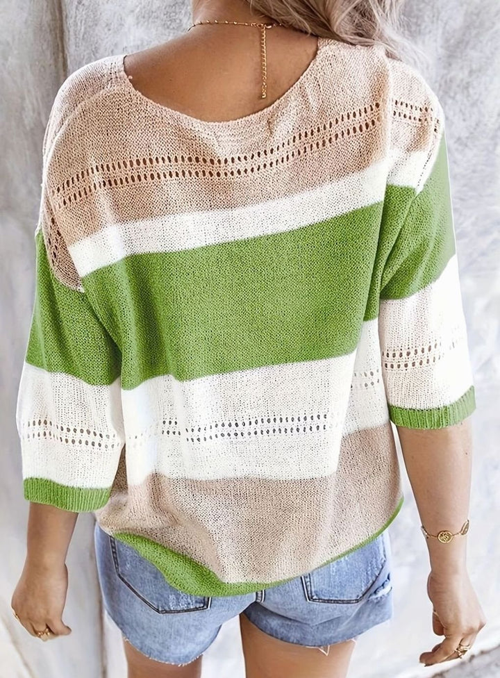 Women's Striped V-Neck Lightweight Knitted Jumper