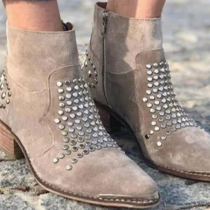 Women's Studded Suede Block-Heel Ankle Boots