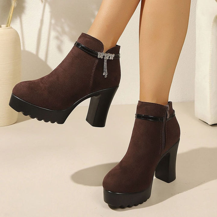 Women's Suede Block-Heel Platform Ankle Boots Rhinestone Chain Detail - Dark Brown