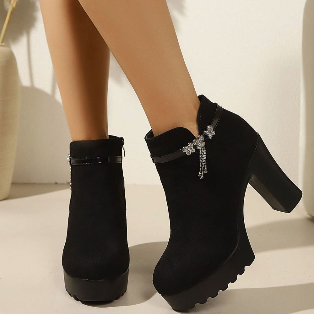 Women's Suede Block-Heel Platform Ankle Boots Rhinestone Chain Detail