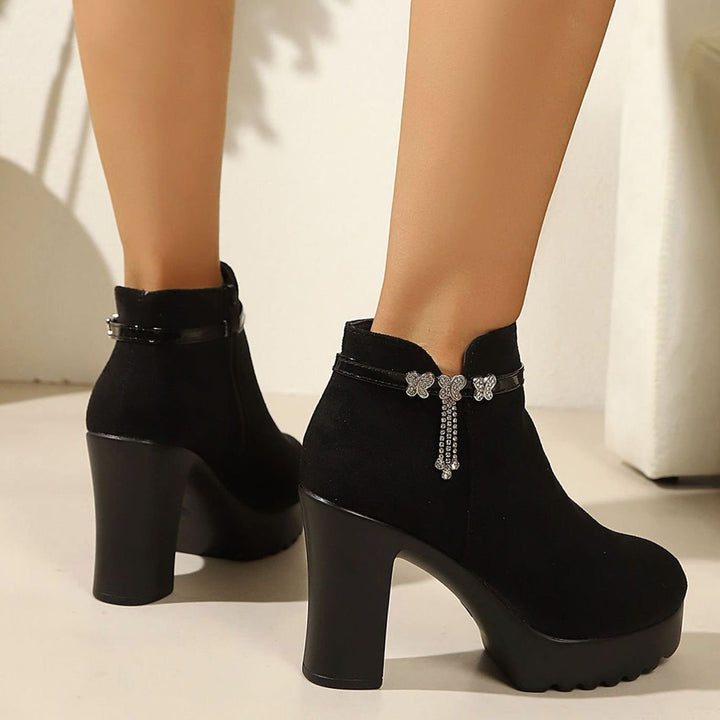 Women's Suede Block-Heel Platform Ankle Boots Rhinestone Chain Detail