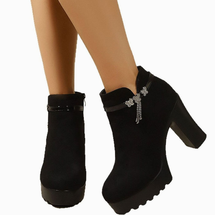 Women's Suede Block-Heel Platform Ankle Boots Rhinestone Chain Detail