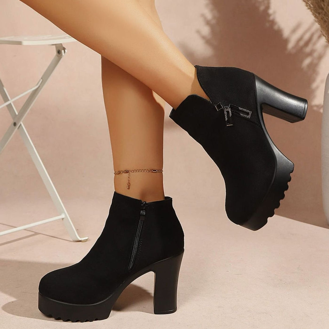 Women's Suede Block-Heel Platform Ankle Boots Zip Fastening