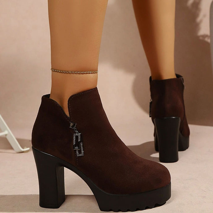 Women's Suede Block-Heel Platform Ankle Boots Zip Fastening