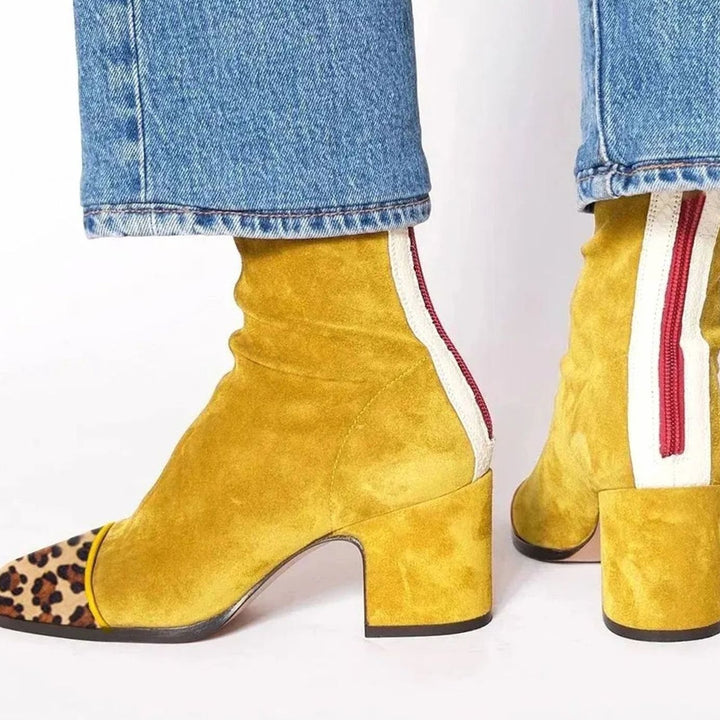 Women's Suede Block-Heel Side-Stripe Ankle Boots - Yellow