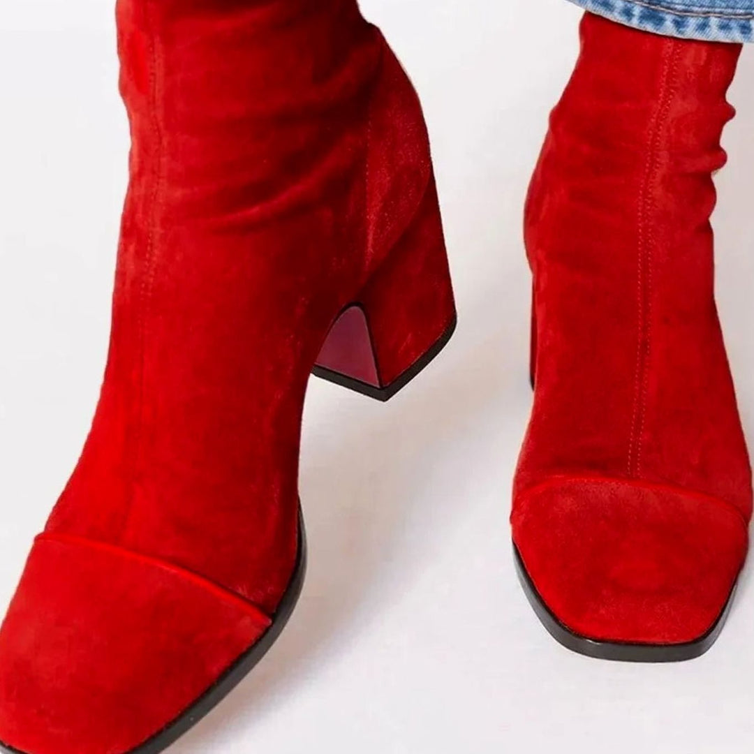 Women's Suede Block-Heel Side-Stripe Ankle Boots - Red