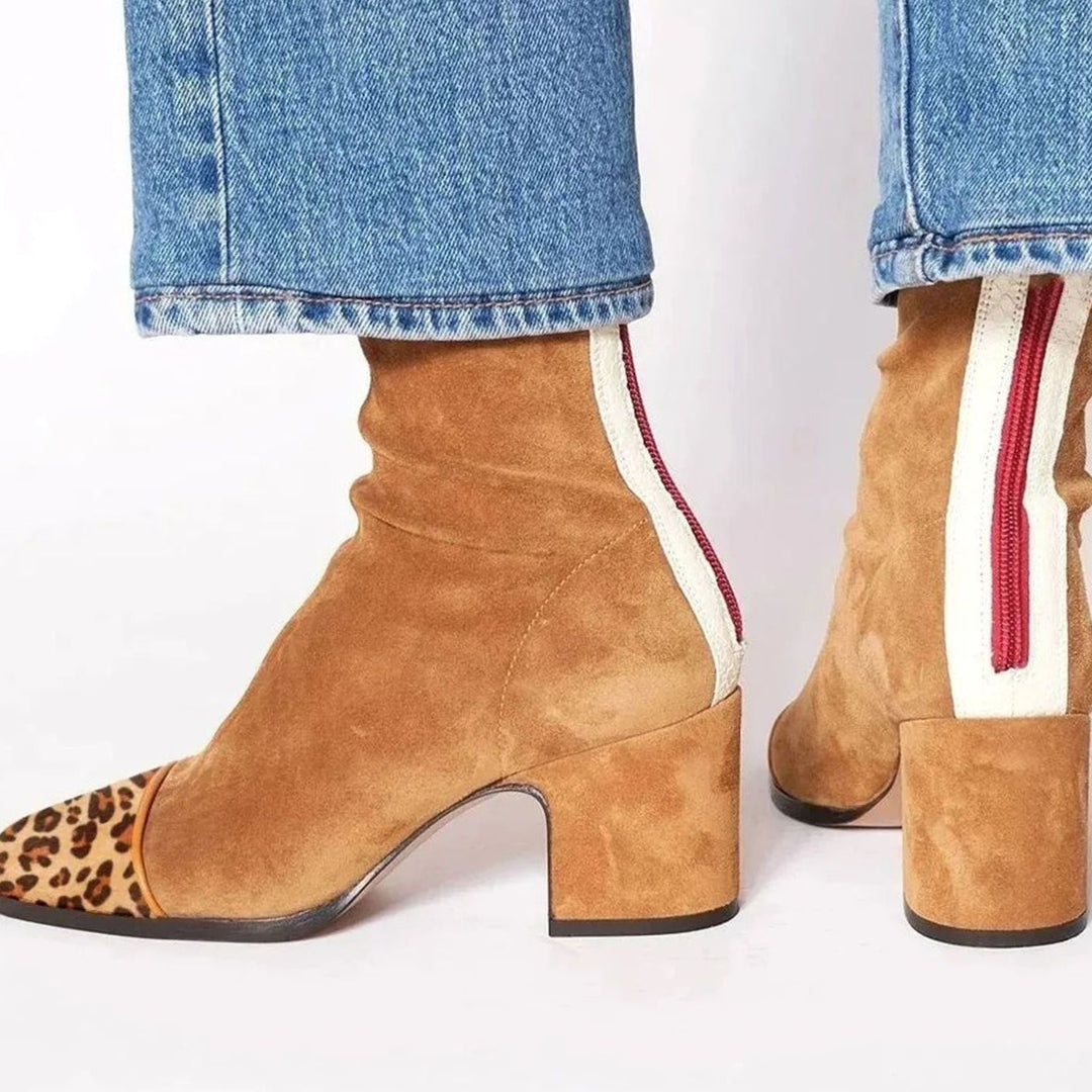 Women's Suede Block-Heel Side-Stripe Ankle Boots - Brown