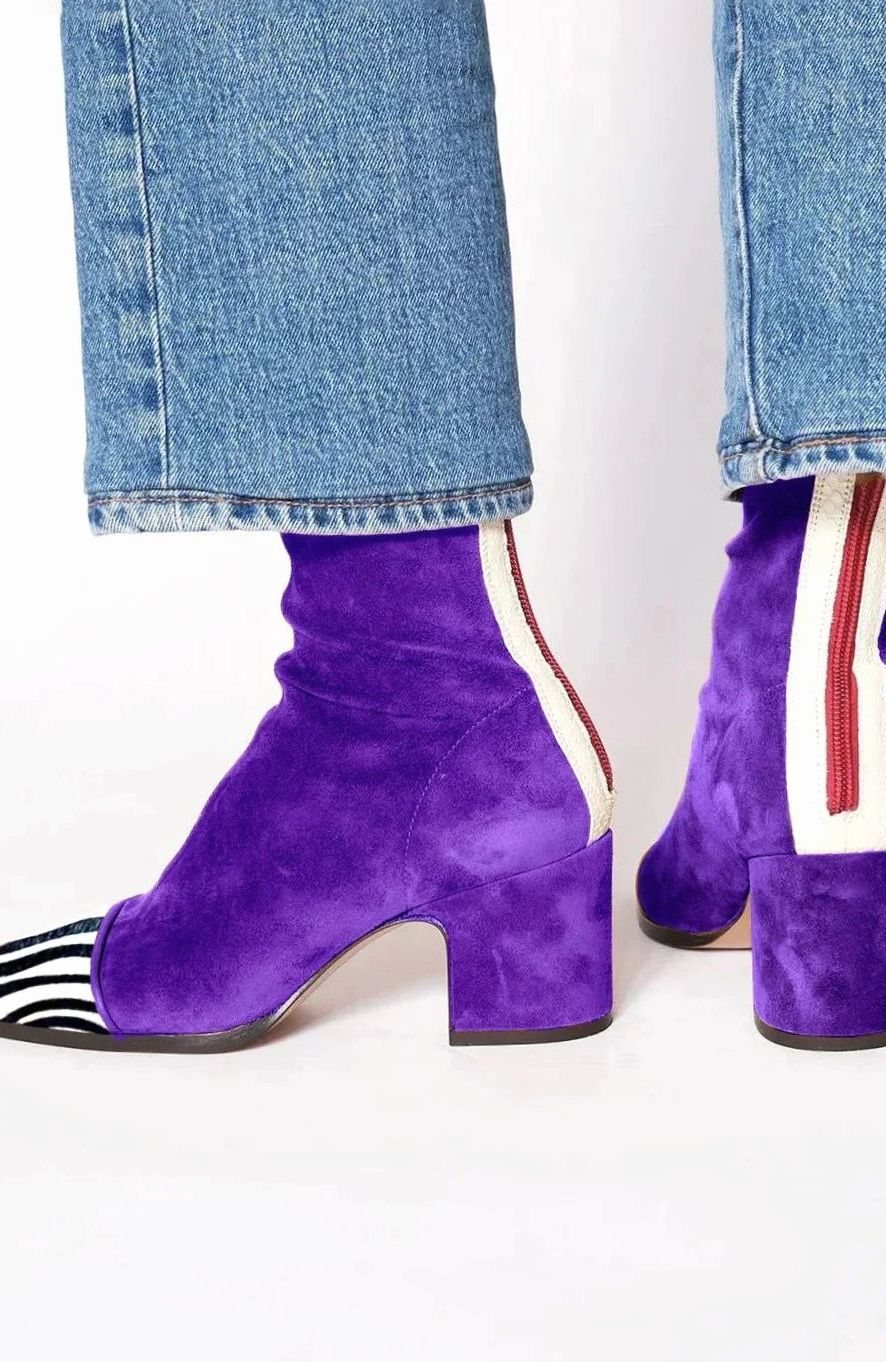Women's Suede Block-Heel Side-Stripe Ankle Boots - Purple