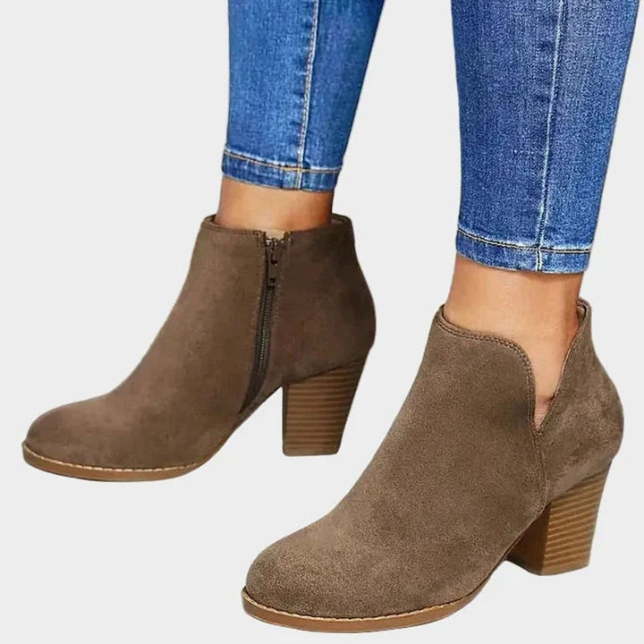 Women's Suede Block Heel Side-Zip Ankle Boots - Beige
