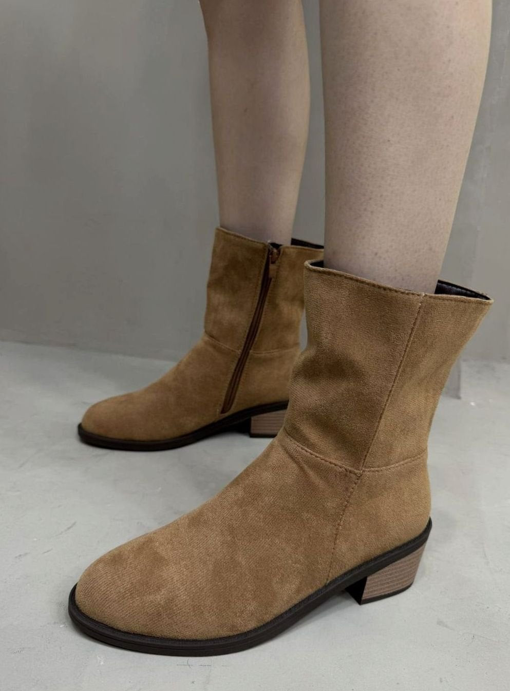 Women's Suede Block-Heel Side-Zip Ankle Boots - Khaki