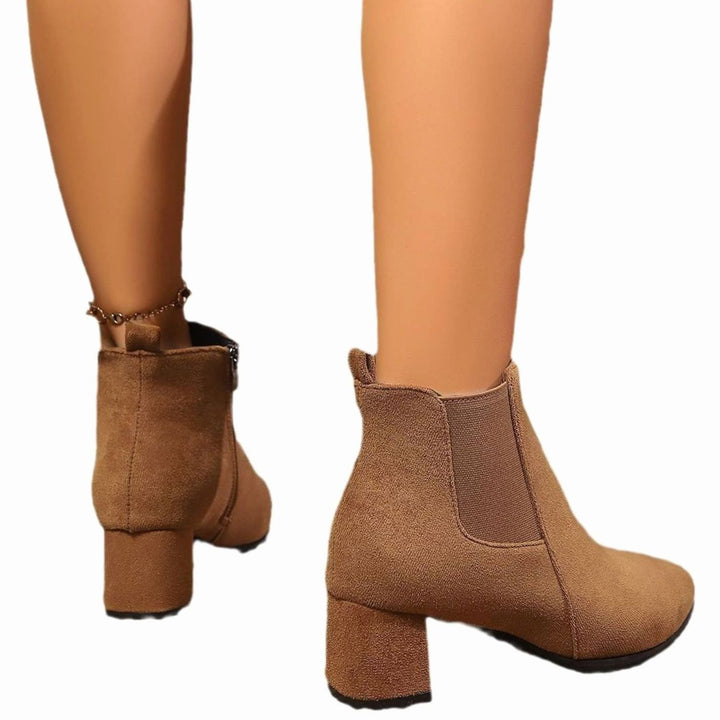 Women's Suede Block Heel Side-Zip Ankle Boots, Tan