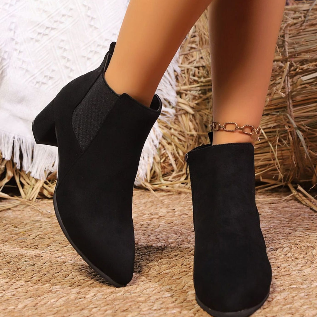 Women's Suede Block Heel Side-Zip Ankle Boots, Tan - Black
