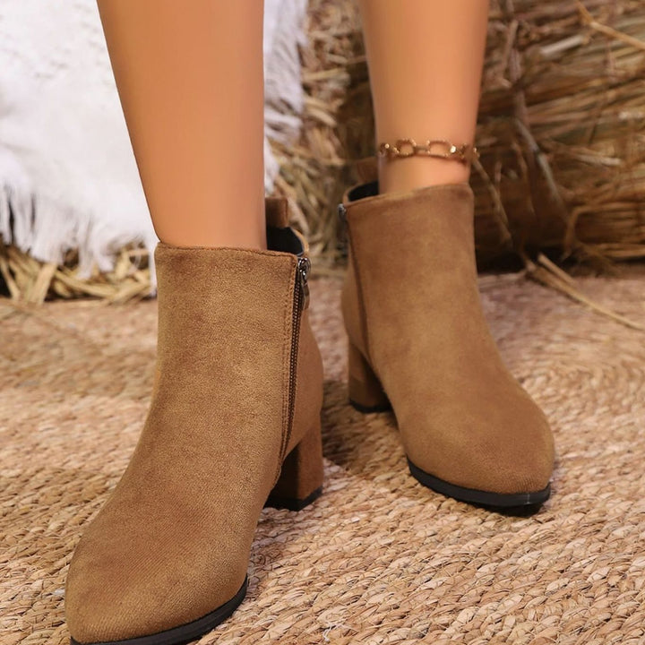 Women's Suede Block Heel Side-Zip Ankle Boots, Tan - Brown