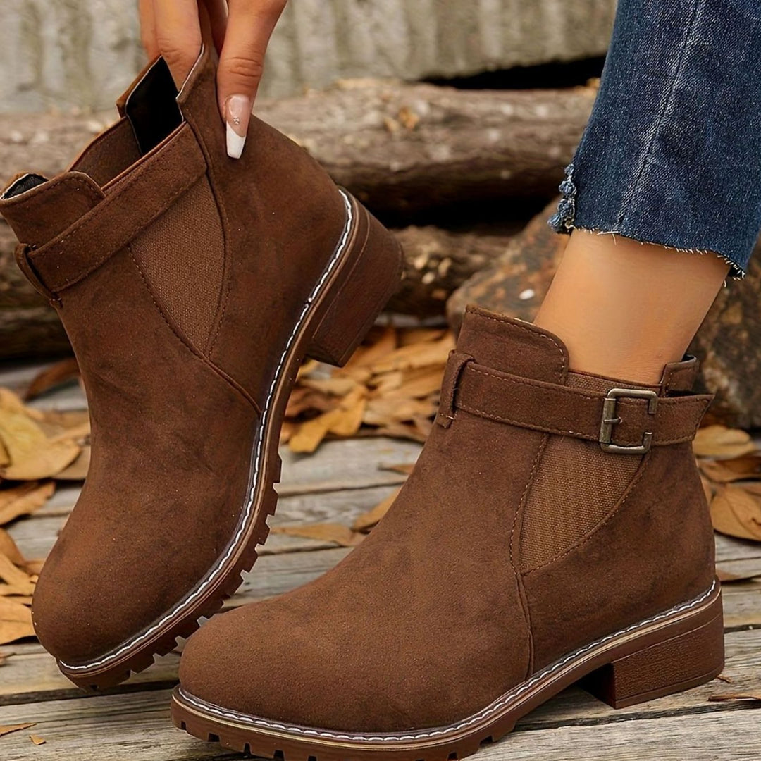 Women's Suede-Look Block Heel Buckle Slip-On Ankle Boots