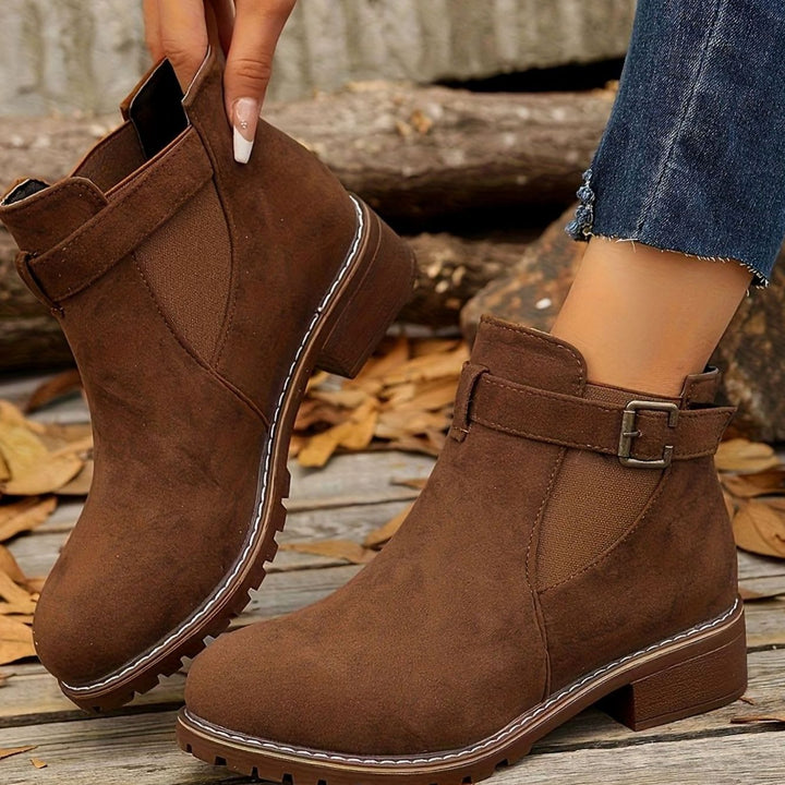 Women's Suede-Look Block Heel Buckle Slip-On Ankle Boots