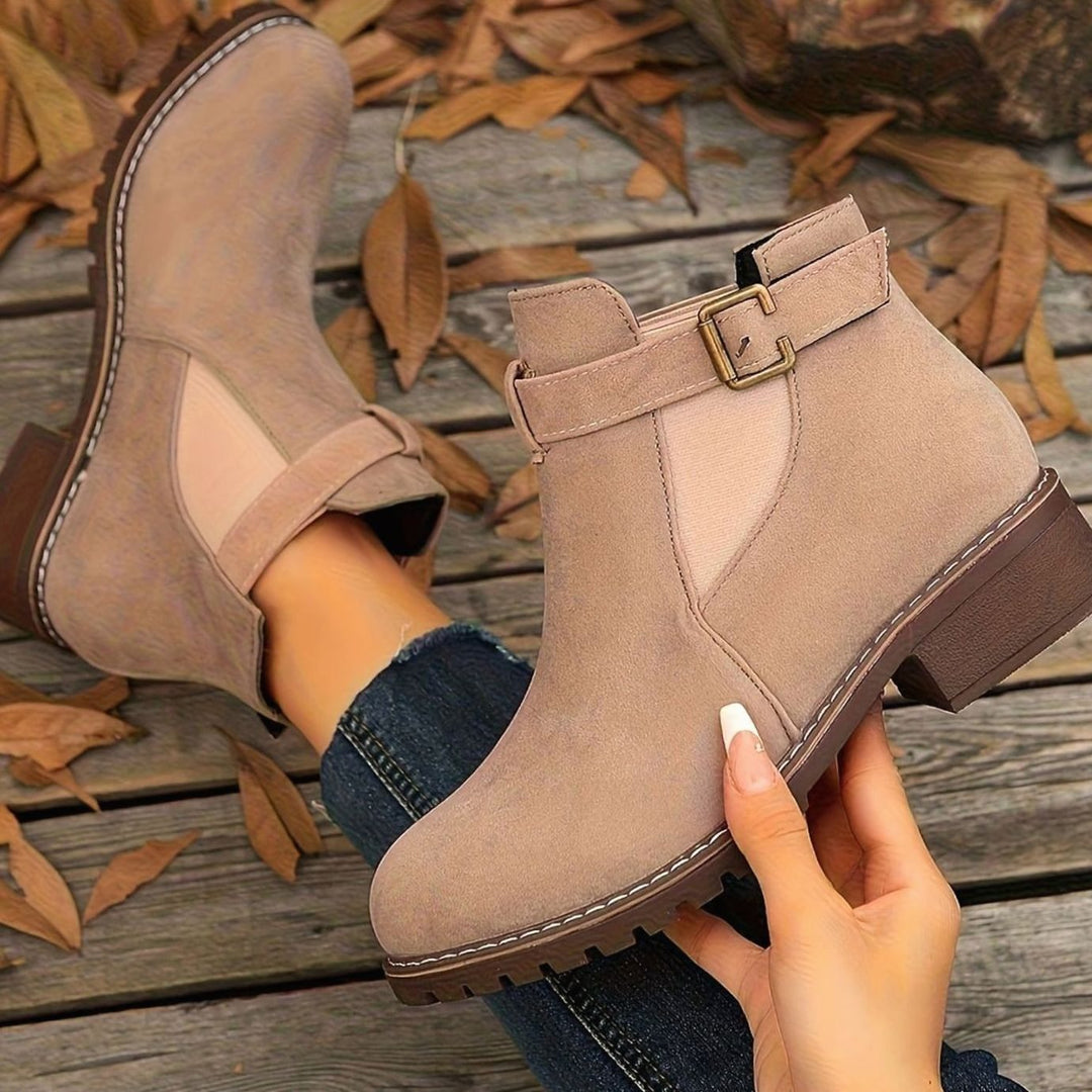 Women's Suede-Look Block Heel Buckle Slip-On Ankle Boots - Blush Pink