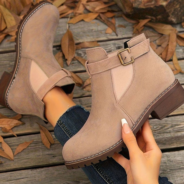 Women's Suede-Look Block Heel Buckle Slip-On Ankle Boots - Blush Pink