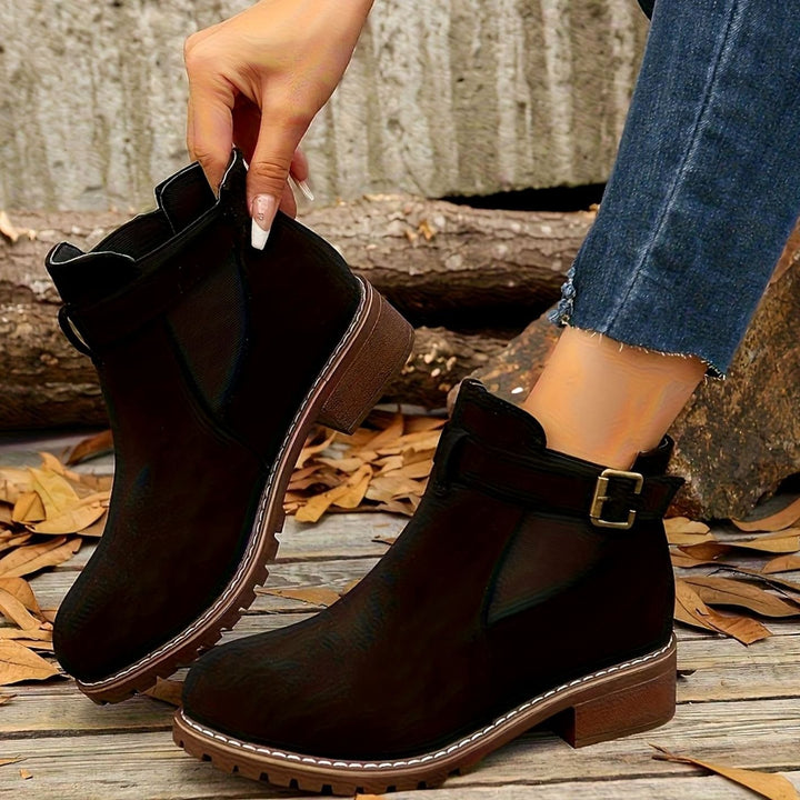 Women's Suede-Look Block Heel Buckle Slip-On Ankle Boots