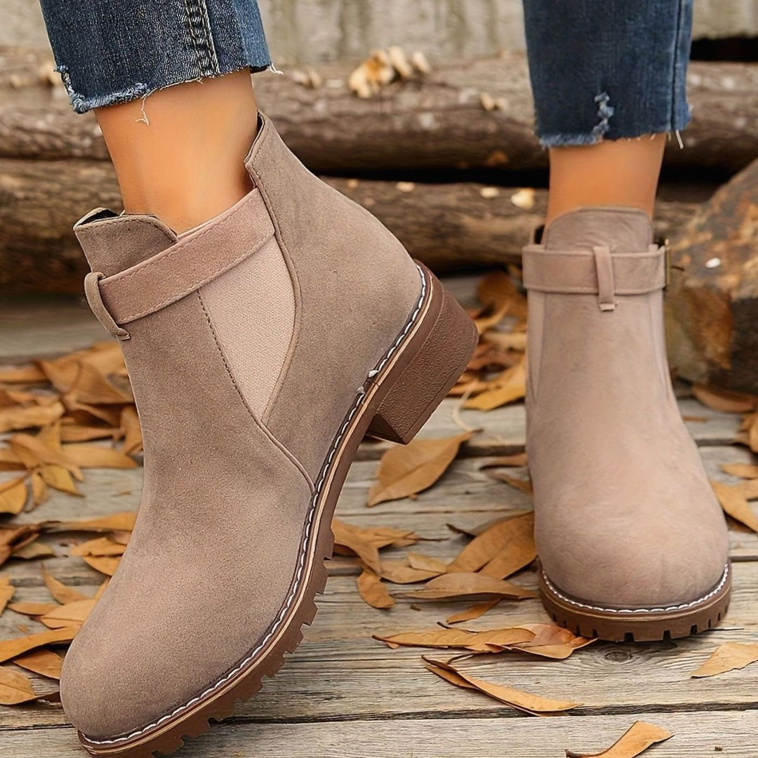 Women's Suede-Look Block Heel Buckle Slip-On Ankle Boots