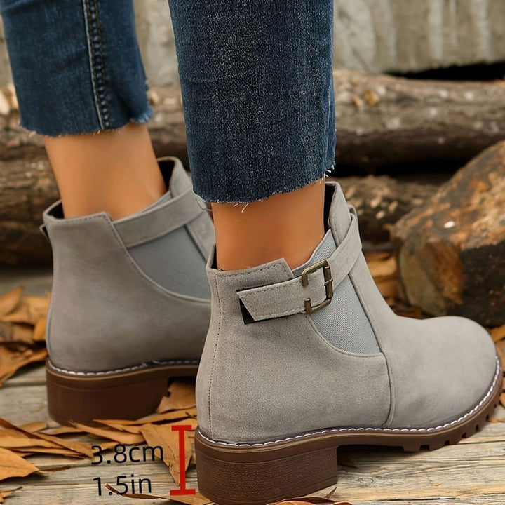 Women's Suede-Look Block Heel Buckle Slip-On Ankle Boots - Silver Grey