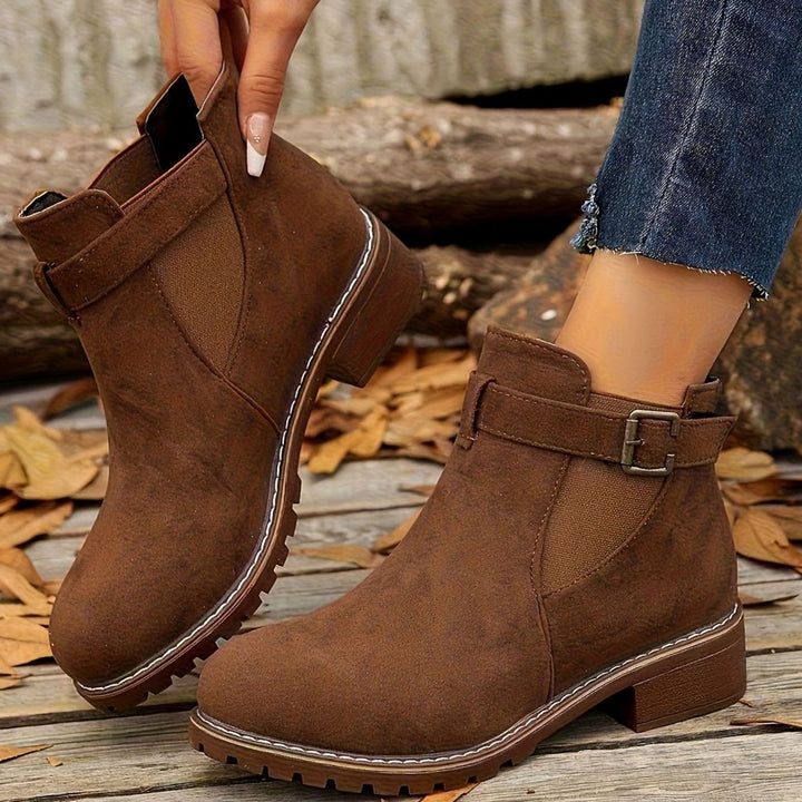 Women's Suede-Look Block Heel Buckle Slip-On Ankle Boots