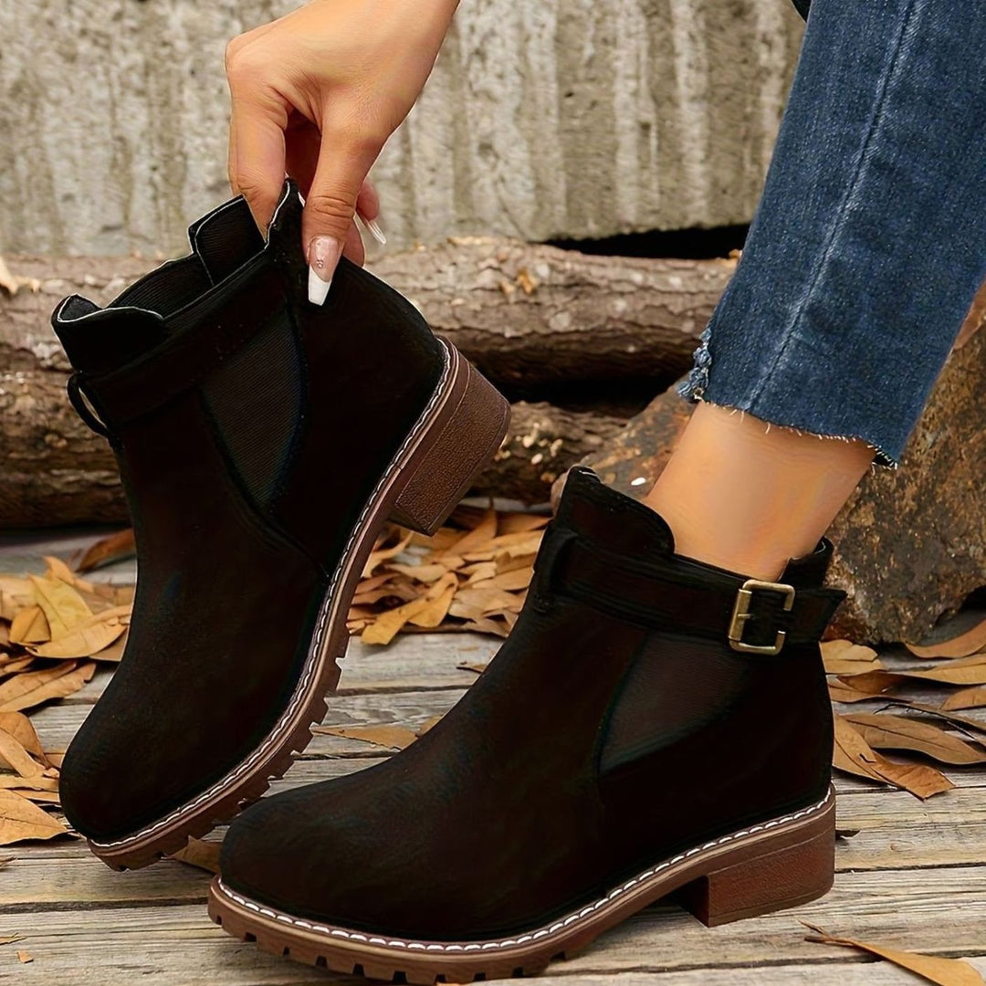 Women's Suede-Look Block Heel Buckle Slip-On Ankle Boots - Black