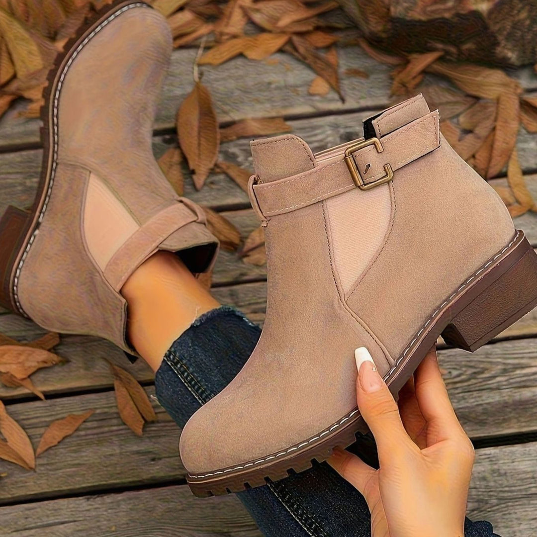 Women's Suede-Look Block Heel Buckle Slip-On Ankle Boots