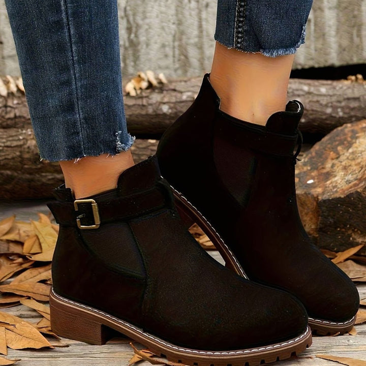 Women's Suede-Look Block Heel Buckle Slip-On Ankle Boots