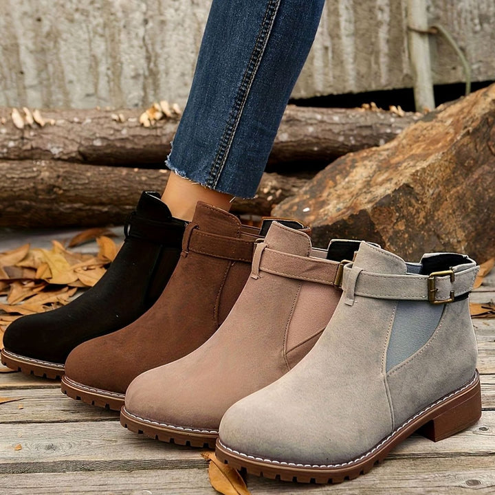 Women's Suede-Look Block Heel Buckle Slip-On Ankle Boots