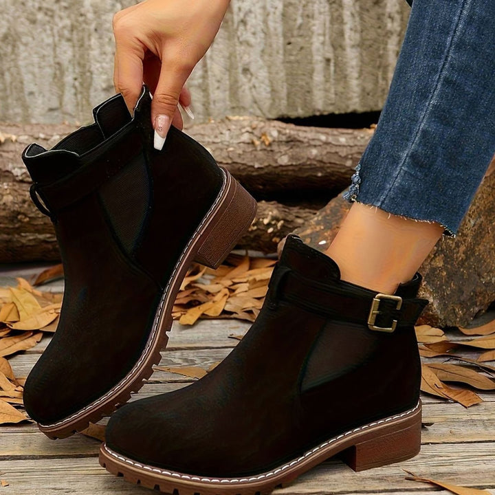 Women's Suede-Look Block Heel Buckle Slip-On Ankle Boots